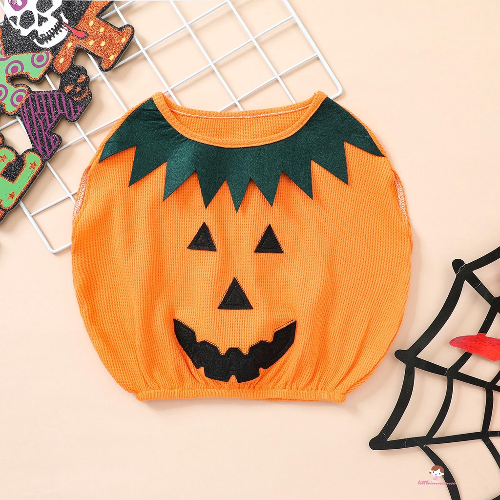 Áo Tank Top Cổ Tròn Không Tay In Hình Quả Bí Ngô Halloween Dành Cho Bé 6 Tháng Đến 4 Tuổi