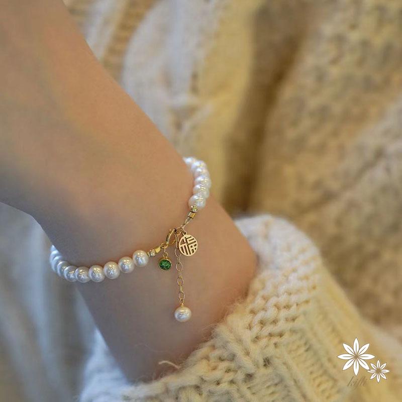 Vòng tay may mắn đính hạt ngọc trai phong cách Trung Hoa cổ điển cho nữ