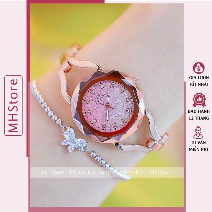 Đồng hồ nữ Bs mặt tròn thiết kế nhỏ gọn, dây thép không gỉ, hiện đại cá tính, đẹp giá rẻ [Tặng bông tai]