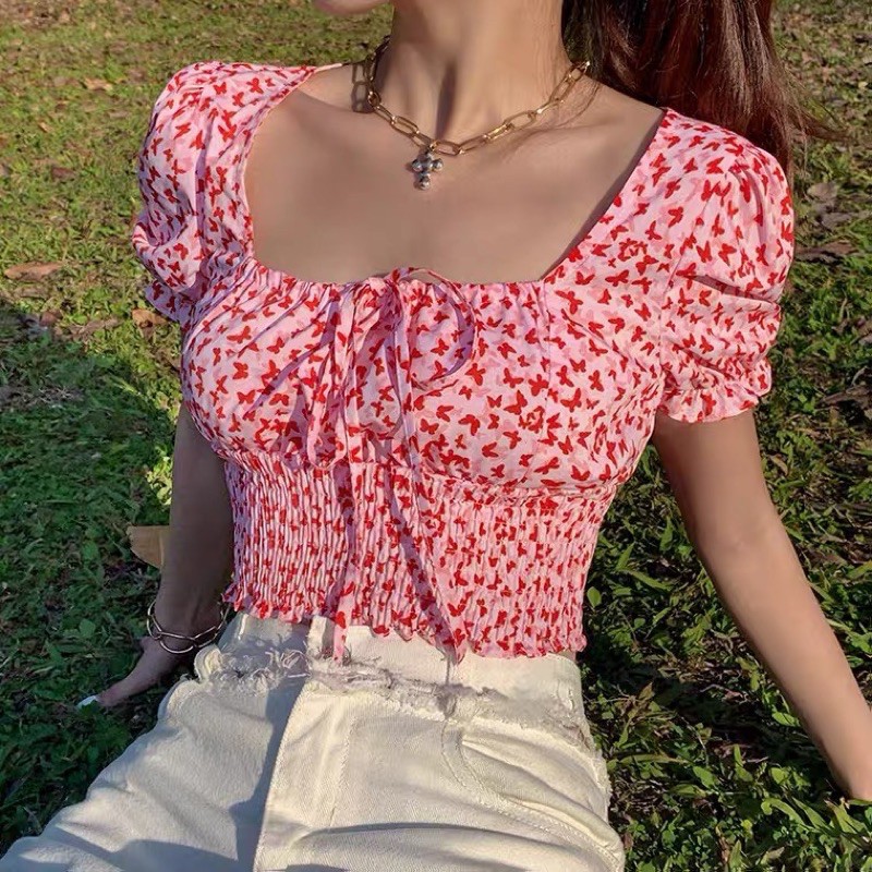 (Có Sẵn) Áo Croptop cổ vuông họa tiết butterfly thời trang mùa hè dành cho nữ Minipie
