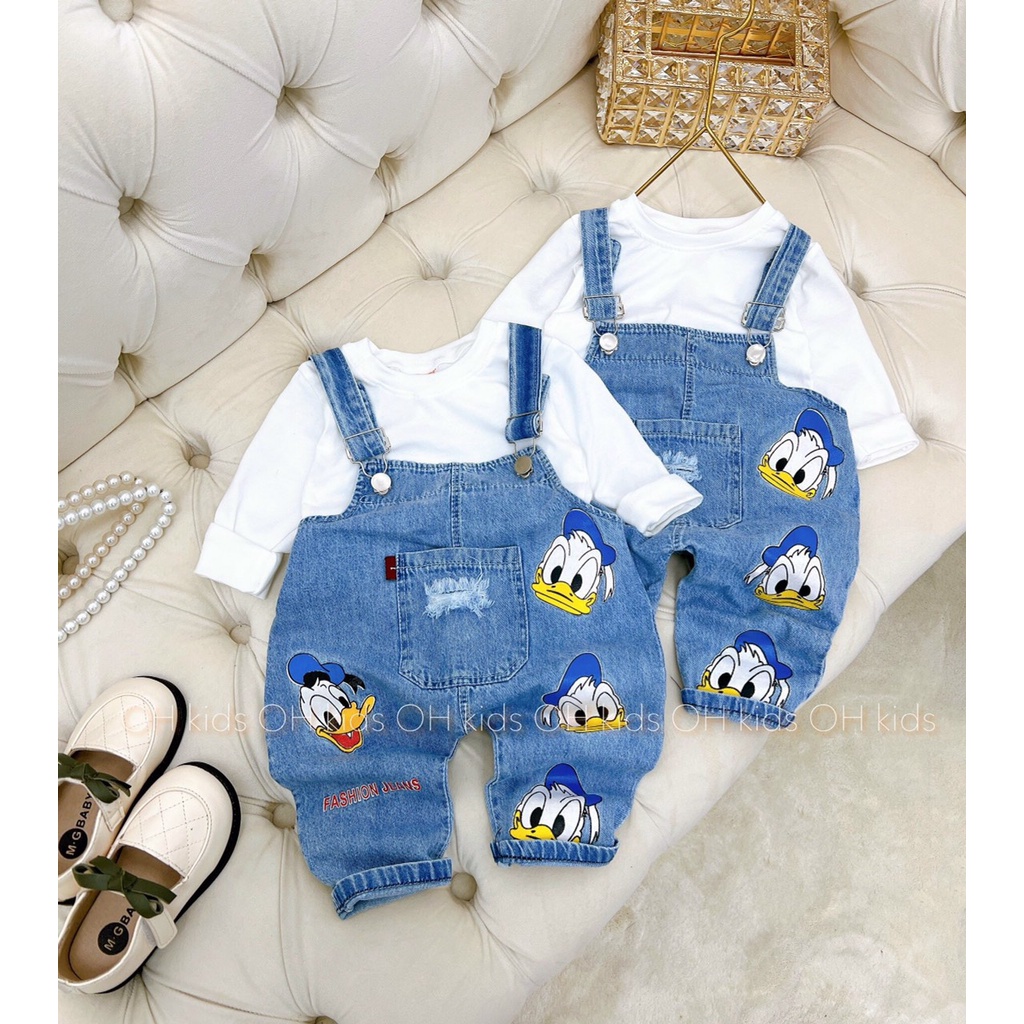 SETB06 Bộ Yếm Jean Vịt Donald Kèm Áo Thun Cotton Mềm Cho Bé 6kg đến 15kg