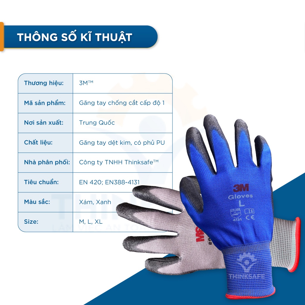 Găng tay lao động chống cắt 3M Thinksafe, bao tay cấp độ 1, ôm tay, thật tay, dùng cho cơ khí, sử dụng các công cụ - Lv1