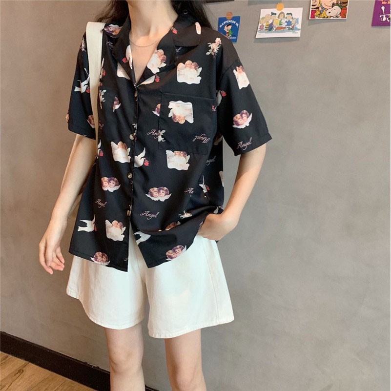 LEEVA - Áo sơ mi họa tiết Angel mùa hè thoáng mát: Angel đen