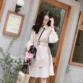 Sét váy sơ mi+ áo gile dạ viền len có đai( kèm ảnh shop chụp)