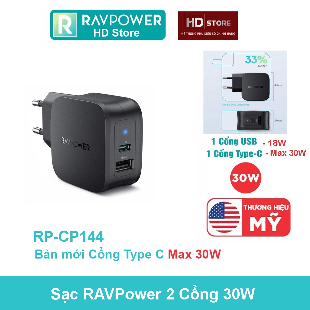 Củ Sạc RAVPower 30W 2 Cổng Sạc nhanh PD  - RP PC144 hỗ trợ PD/PPS HD Store