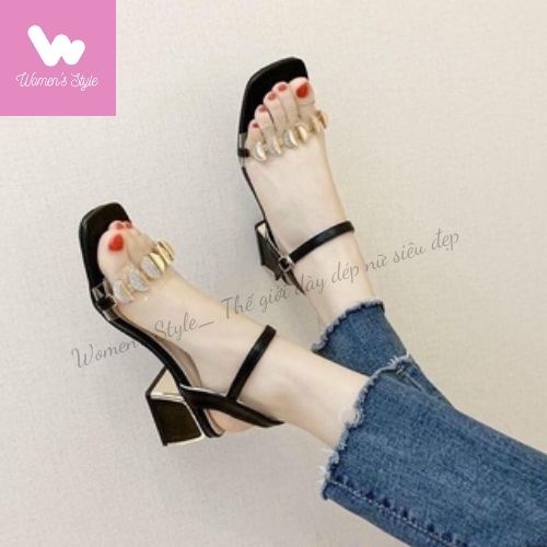 Sandal nữ gót vuông đính đồng, Giày cao gót đế vuông 3 cm đính đồng xu sang chảnh, Dép cao gót nữ giá rẻ full size 35-39