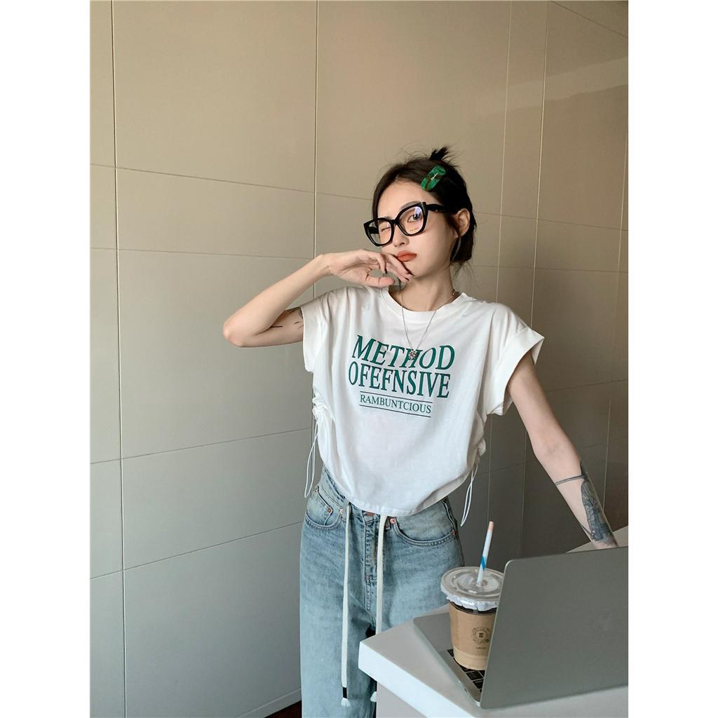 QADCOL  áo crop top Áo Thun Tay Ngắn Phối Dây Rút Trước Ngực In Họa Tiết Độc Đáo Thời Trang Mùa Hè Chất Lượng áo croptop tay dài form rộng Cao Cho Nữ