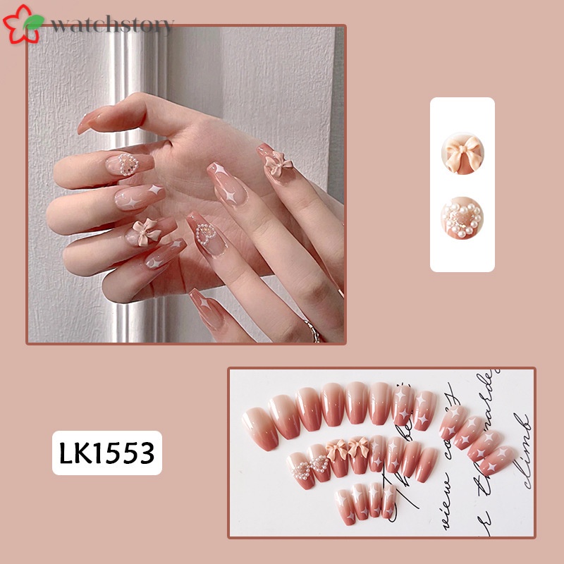 Set 24 Móng Tay Giả Dáng Dài Đính Nơ Có Thể Tháo Rời Thời Trang