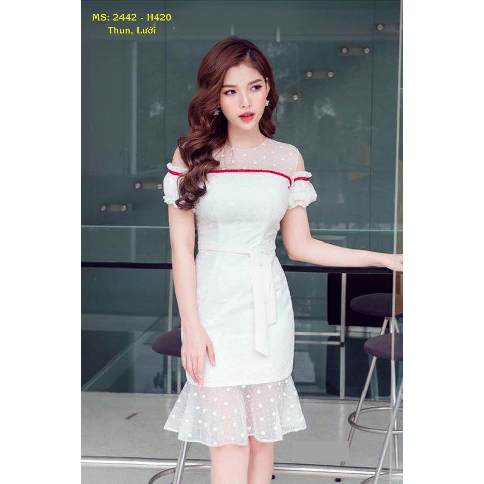 Đầm Ôm Body Thiết Kế Đuôi Cá Phối Lưới Chấm Bi