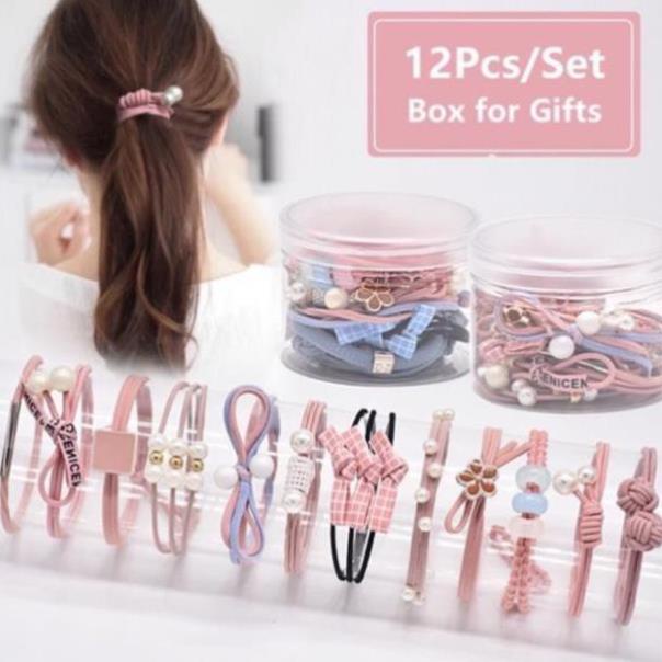 Dây chun buộc tóc, Chun buộc tóc FreeShip Thiết kế đơn giản phong cách (Hộp 12 sợi tiện lợi)