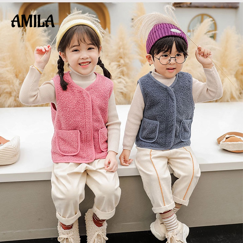 Áo khoác không tay AMILA vải lông cừu giữ ấm mặc được hai mặt cho trẻ em