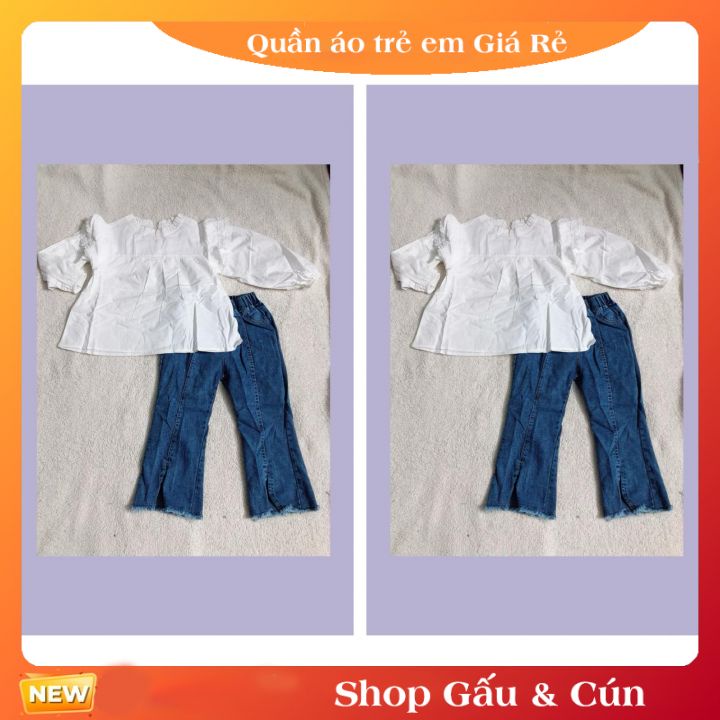 Sét bộ quần áo cho bé gái 2 chi tiết gồm áo sơmi trắng và quần bò kiểu 14-17kg