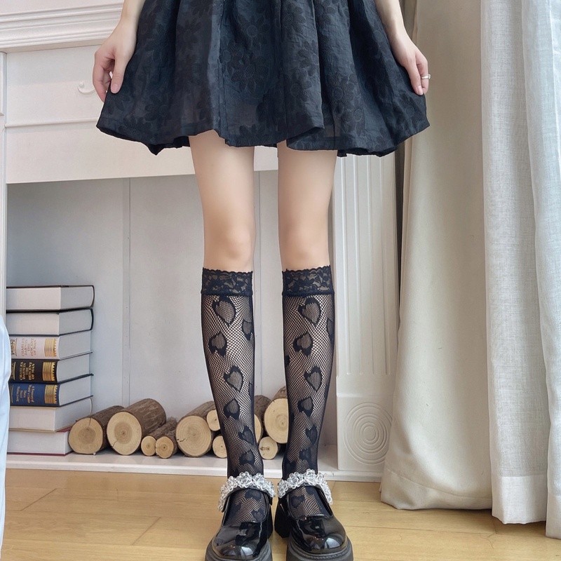 Xiangbao Vớ Ống Cao Ngang Bắp Chân Phối Ren Lưới Kẻ Sọc Trái Tim Ghép Nối Kiểu Lolita Nhật Bản Cho Nữ Có Sẵn