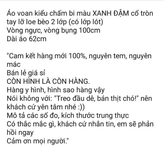 Áo voan kiểu chấm bi màu XANH ĐẬM cổ tròn tay lỡ loe bèo 2 lớp