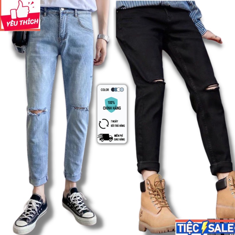 Quần jean nam rách gối màu đen chất bò cao cấp co dãn 4 chiều cực đẹp rin trơn from dáng skinny đẹp