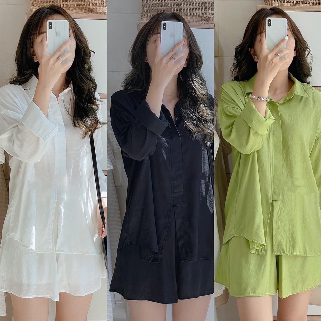 LOVI SHOP - Set áo sơ mi tay dài kèm quần short chất xô mềm (CASIE SET)