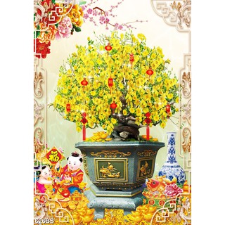 TRANH DÁN TƯỜNG 3D CHẬU HOA MAI CHƯNG TẾT