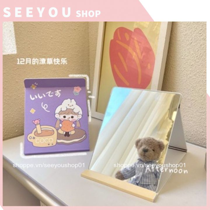Gương Trang Điểm Để Bàn 21,5x15cm Full Gương Không Viền Gấp Gọn Chất Liệu Giấy Vân Giả Da Hình Cute