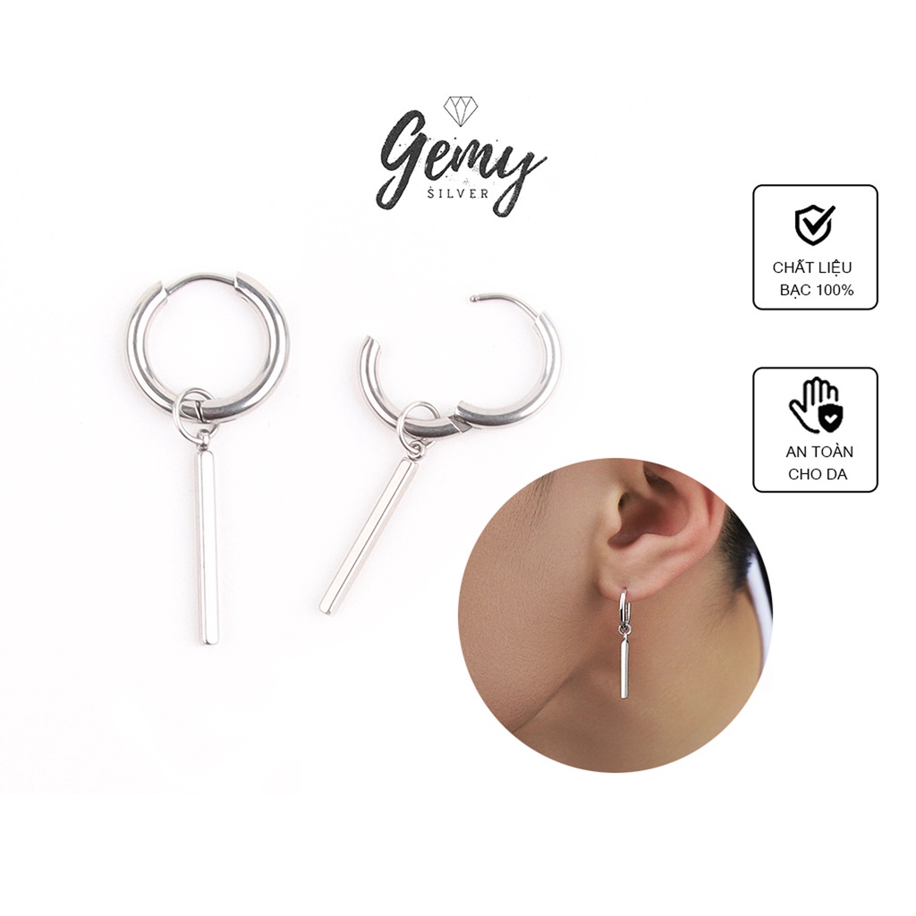 Khuyên tai nam bạc tròn thanh thẳng treo có thể tháo rời unisex Straight Line (1 chiếc) | GEMY SILVER KN51