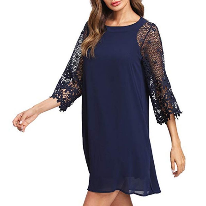 Xiangbao Đầm Midi Dài Cổ Tròn Tay Lỡ Phối Ren Hoa Màu Trơn Dành Cho Nữ