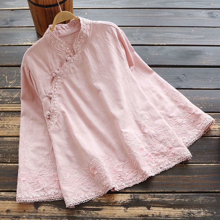 Áo sơ mi cotton lanh dáng rộng thêu họa tiết kiểu Trung Hoa cổ điển thời trang mùa xuân cho nữ