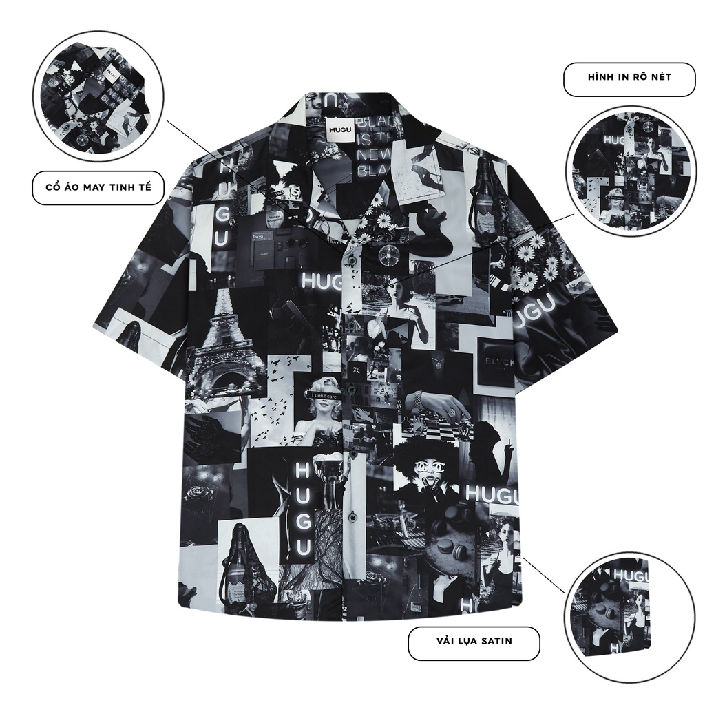 Áo sơ mi tay ngắn HUGU - Black mix pic - chất liệu satin - unisex