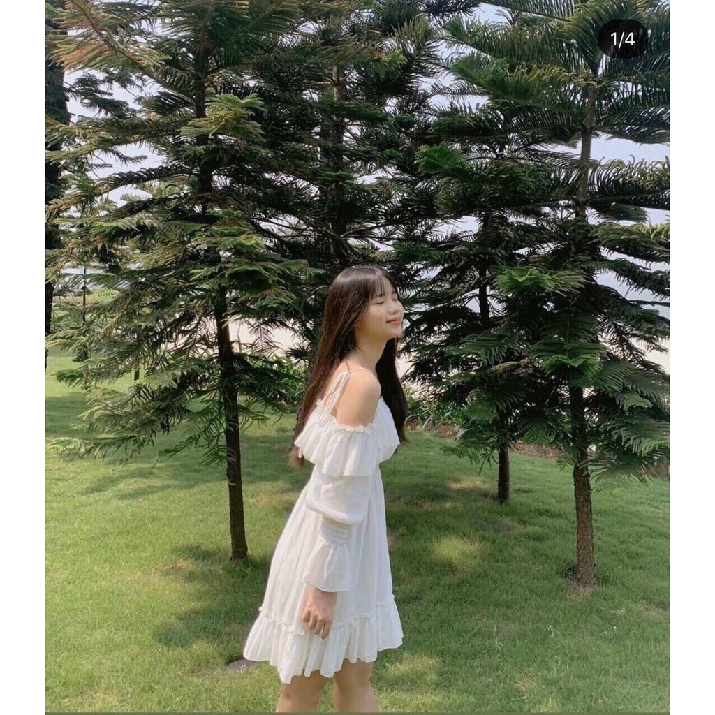 Váy đầm nữ dáng xòe kiểu trễ vai phối bèo dễ thương | BigBuy360 - bigbuy360.vn