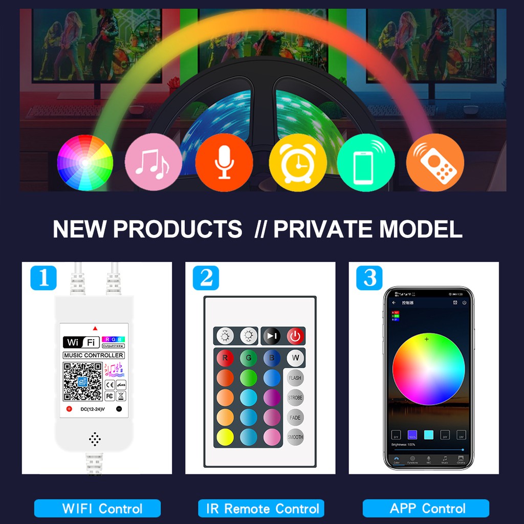 Bộ đèn led dây dán wifi nháy theo nhạc điều khiển bằng giọng nói và app trên điện thoại dây led RGB 5050