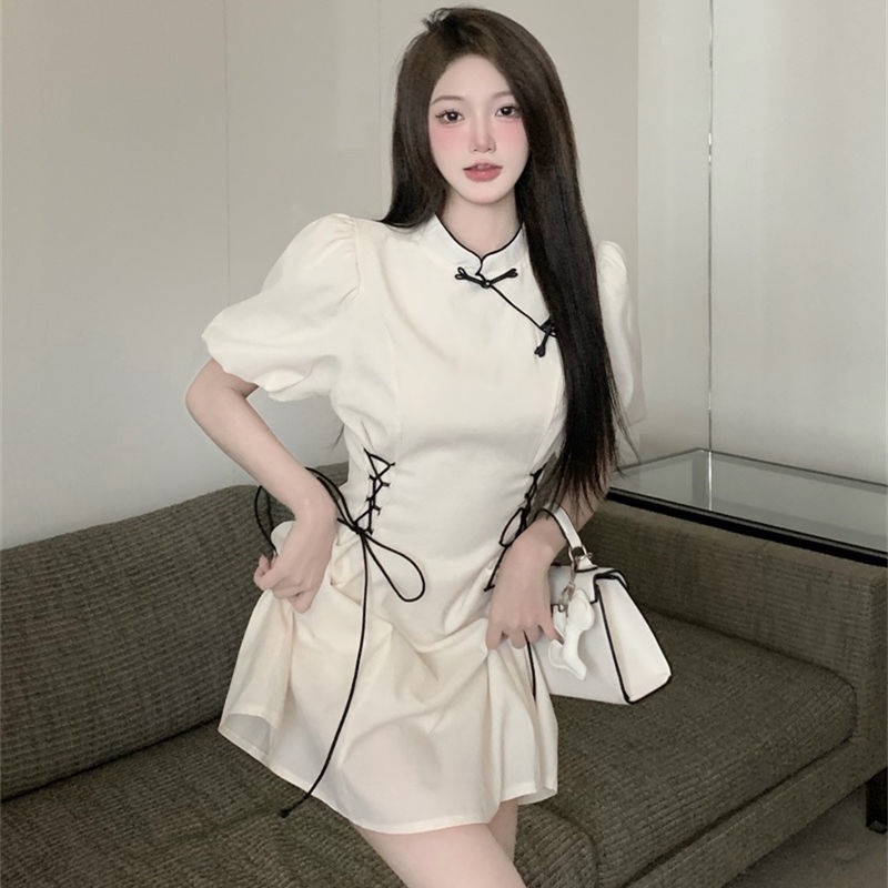 Đầm sườn xám cách tân tay phồng dáng chữ A thời trang mùa hè 2022 dành cho nữ