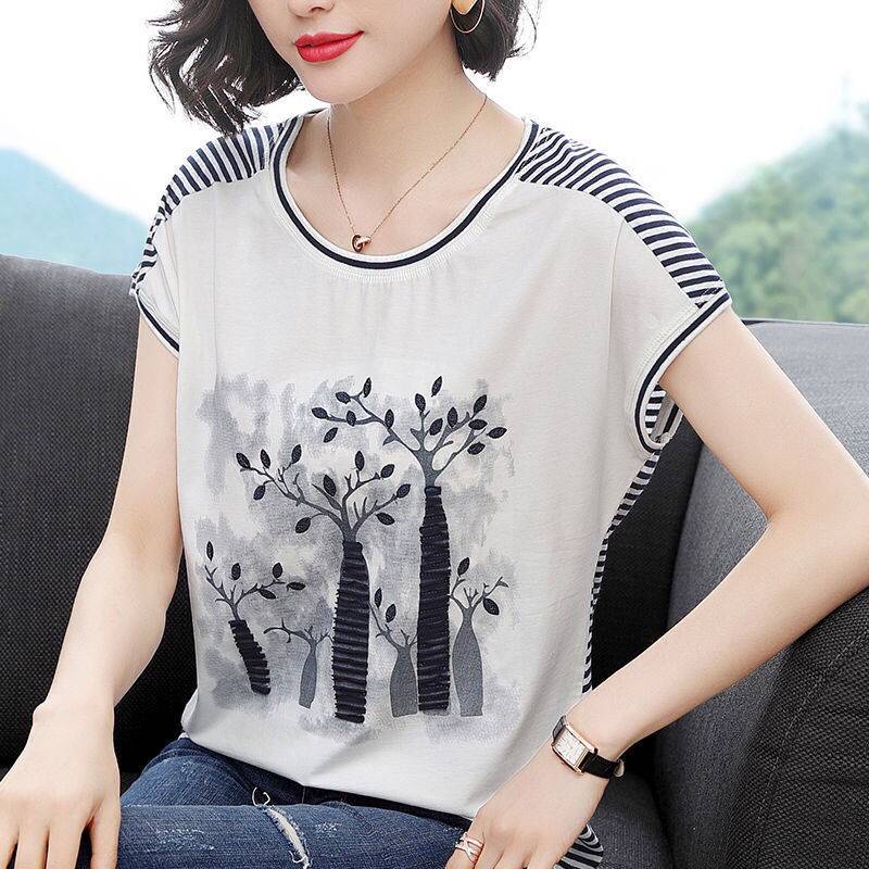 Áo Thun Tay Ngắn Cổ Tròn Hoạ Tiết Kẻ Sọc Có Size Lớn Cho Phái Nữ