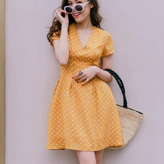 Váy cổ V chấm bi nhiều màu