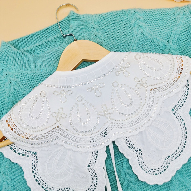 Cổ Áo Giả Khăn Choàng Trắng Đính Hạt Kim Sa Hình Bướm Thêu Hoa Lấp Lánh Cho Nữ