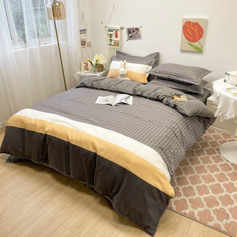 Bộ chăn ga gối cotton poly Hàn Quốc, bộ ga gối cotton 4 món vỏ chăn có khoá kéo lồng được ruột