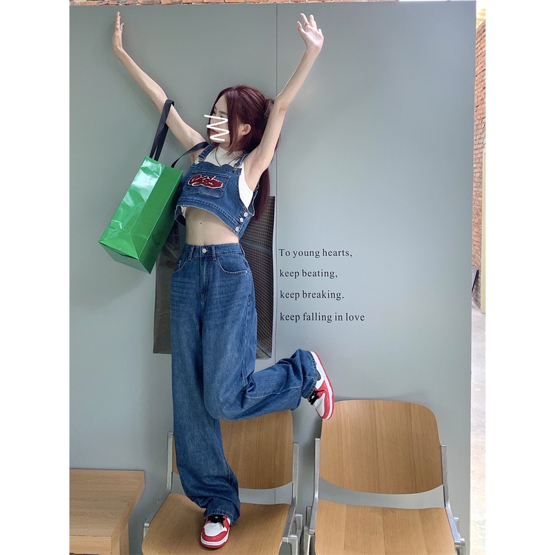 Bộ Áo Denim Không Tay + Quần Ống Rộng Lưng Cao Thời Trang Mùa Hè Dành Cho Nữ
