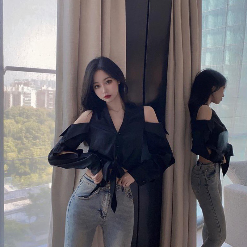 Áo sơ mi tay dài trễ vai khoét lỗ croptop cột dây eo cổ V ulzzang ( 2 màu )