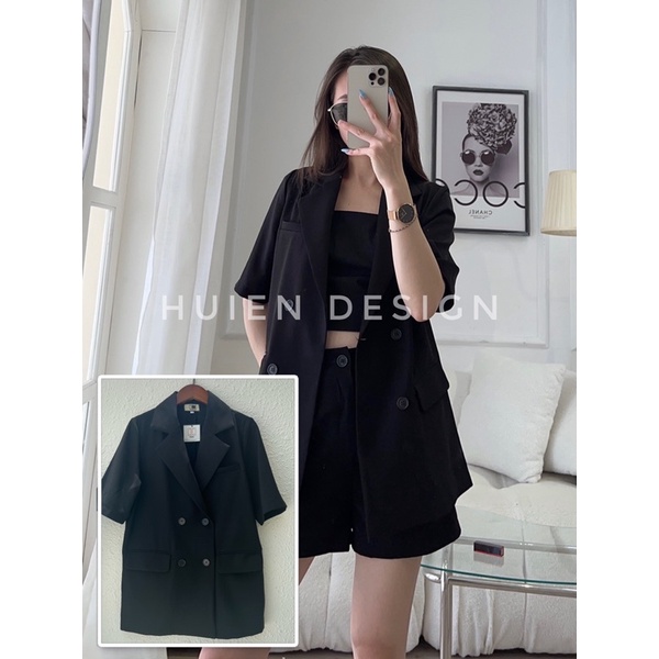 Set đồ nữ công sở gồm áo khoác blazer nữ 1 lớp tay ngắn kèm quần short màu đen basic hàng thiết kế Huien Design