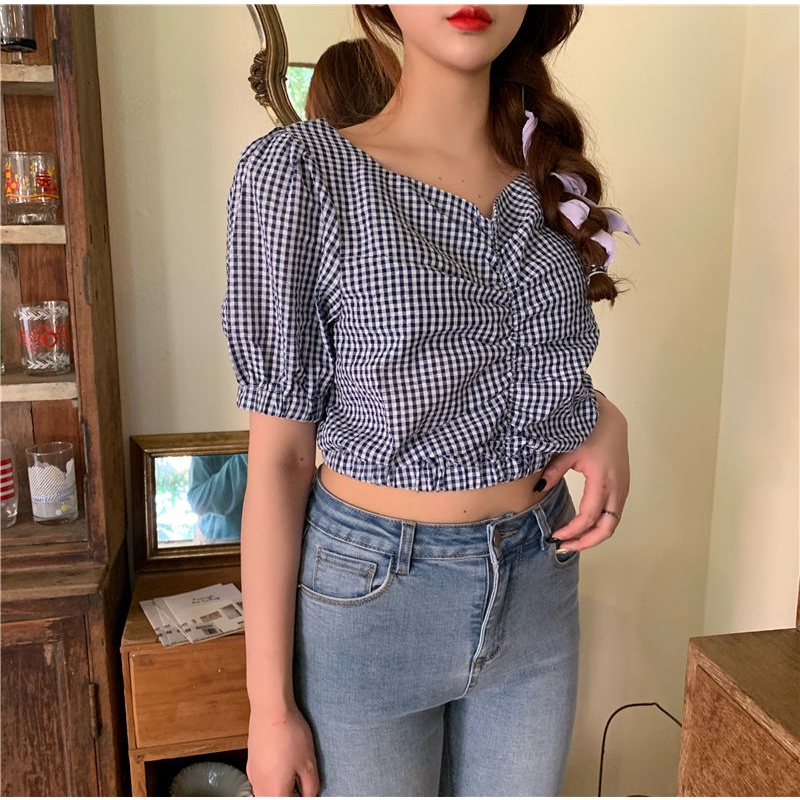 Áo Kiểu Cổ Chữ V Tay Ngắn Họa Tiết Sọc Caro Phong Cách Hàn Quốc Cho Nữ