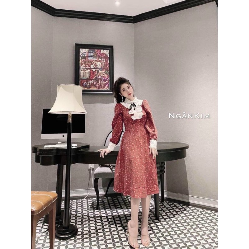 Đầm váy nhung cổ bèo phối siêu sang chảnh