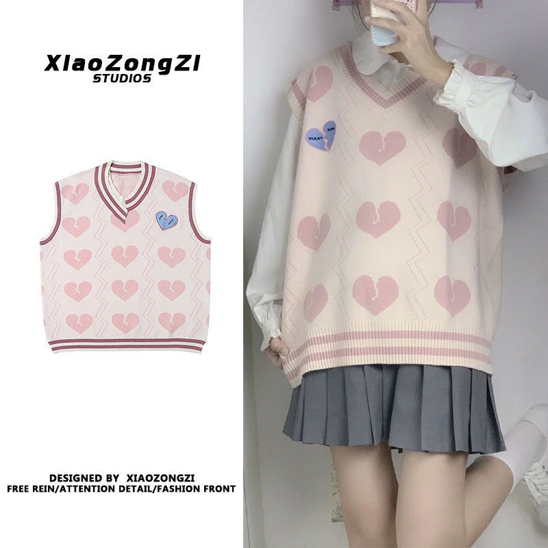 Áo gile len nữ đẹp form rộng cổ V họa tiết trái tim hồng kiểu hàn ulzzang thời trang GALY VN