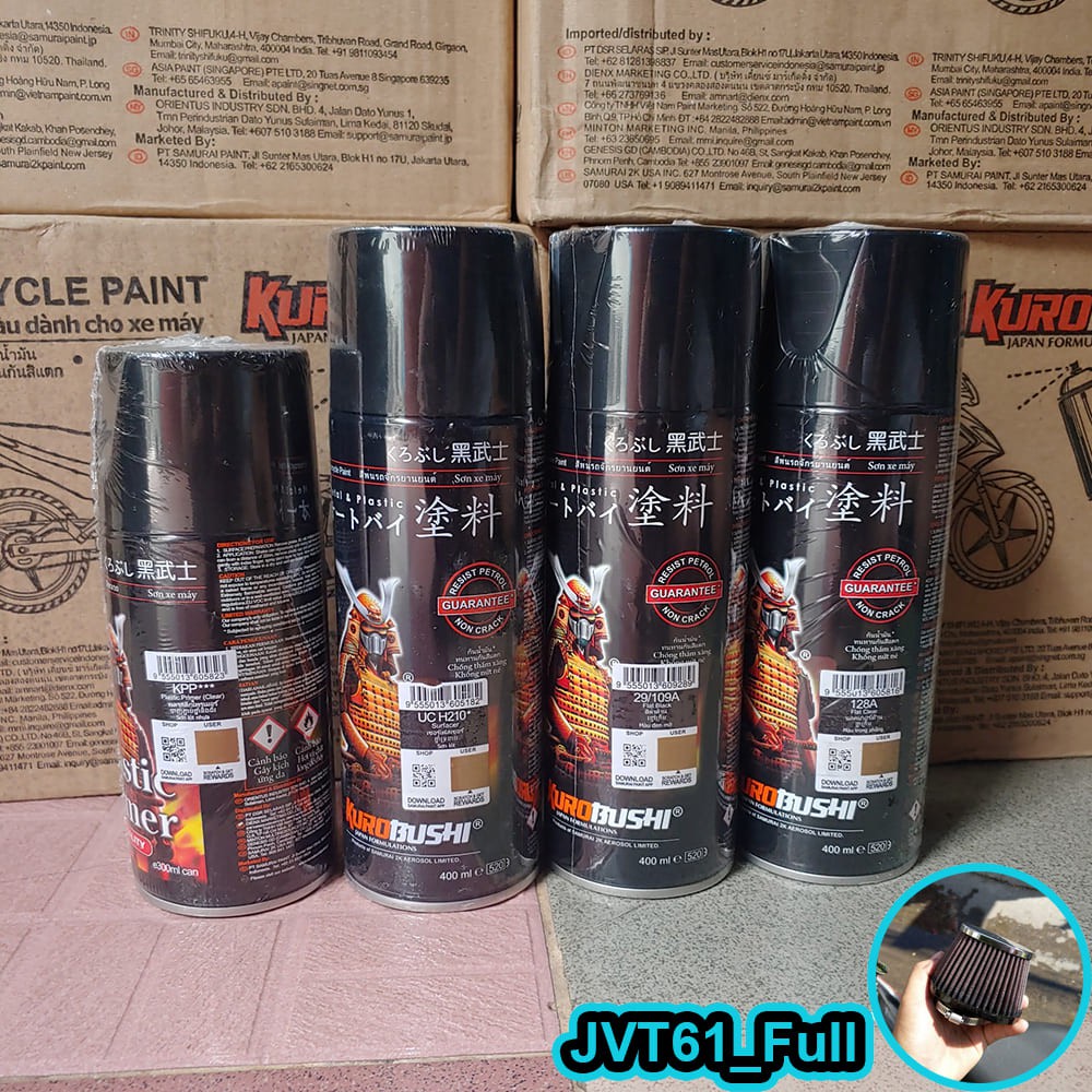 Combo sơn xịt dành cho NHỰA NHÁM Samurai: Lót KPP, lót 210, màu 109A, Keo mờ 128A