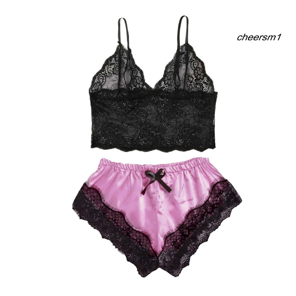 Bộ đồ ngủ áo lót + quần short vải ren hoa gợi cảm thời trang