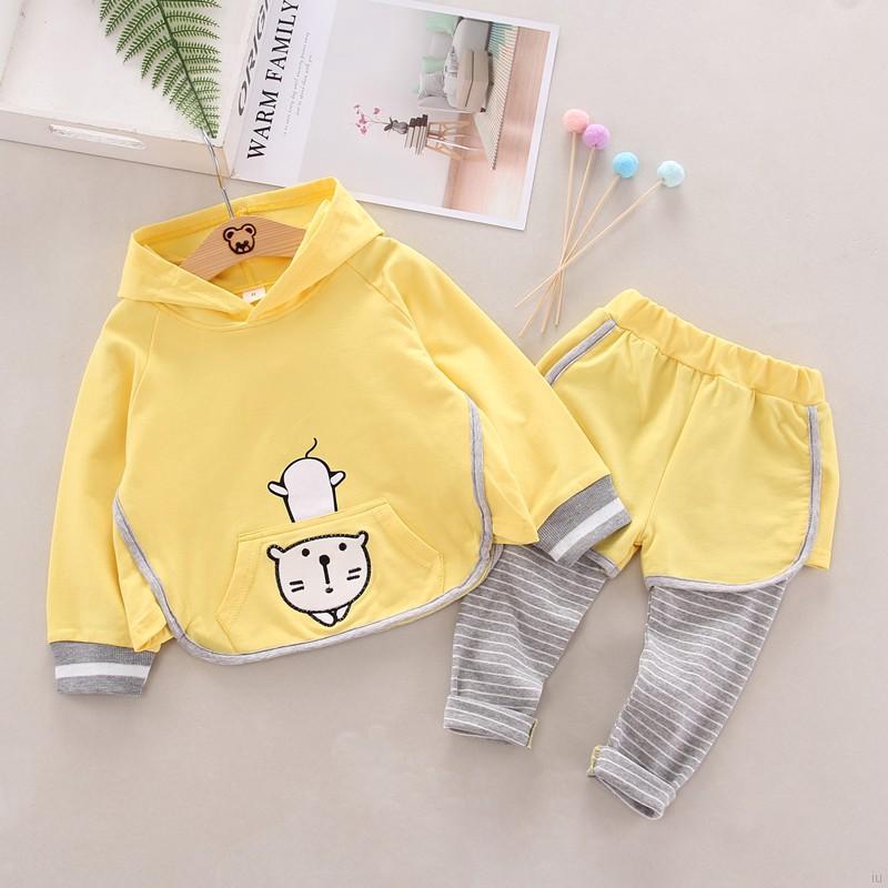 Bộ áo nỉ hoodie + quần dài kẻ sọc cho bé gái