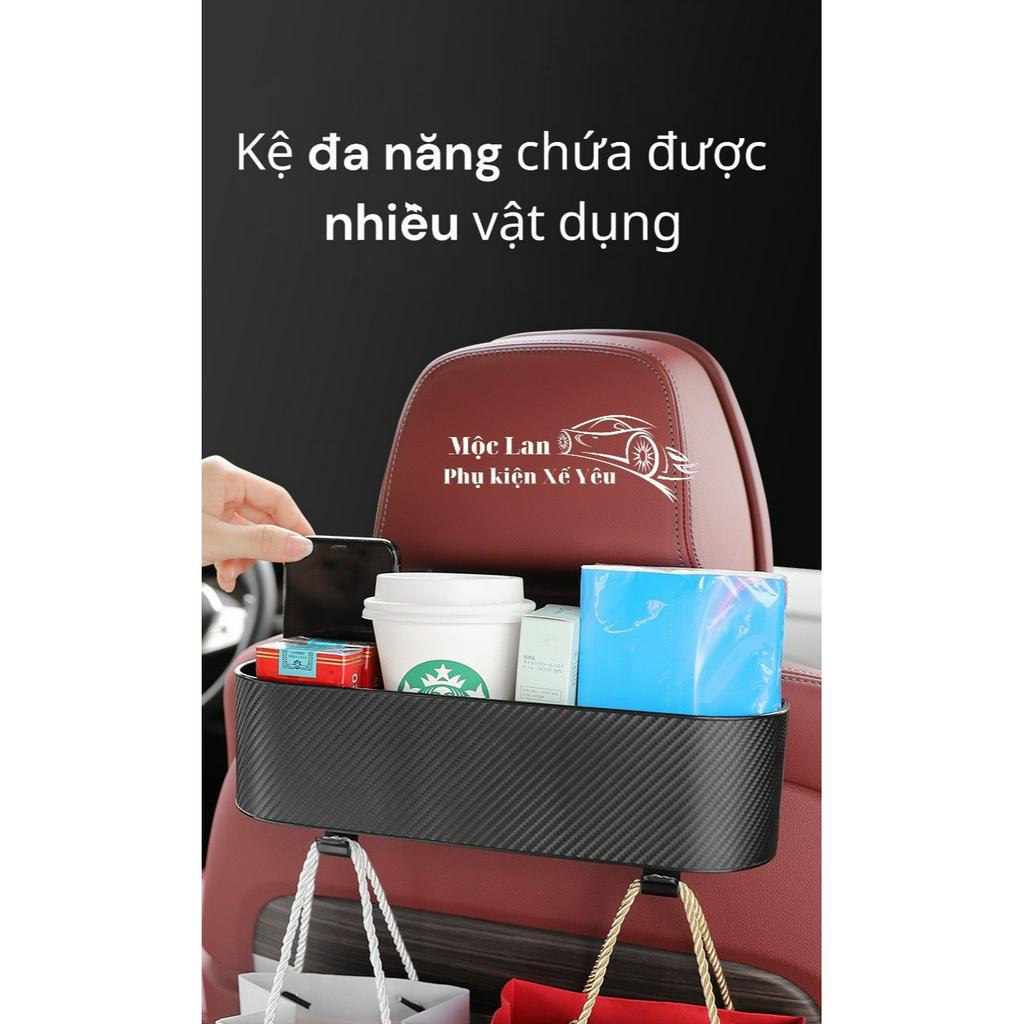 Khay đựng đồ sau ghế vân carbon 2in1 kiêm móc treo đồ, chứa tất cả các cả vật dụng khi di chuyển trên xe ô tô