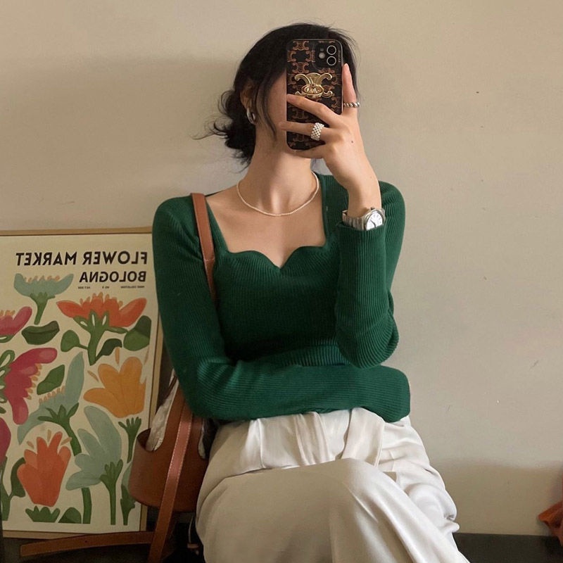 Áo dệt kim cổ vuông phối ren phong cách Hàn Quốc ngọt ngào mới