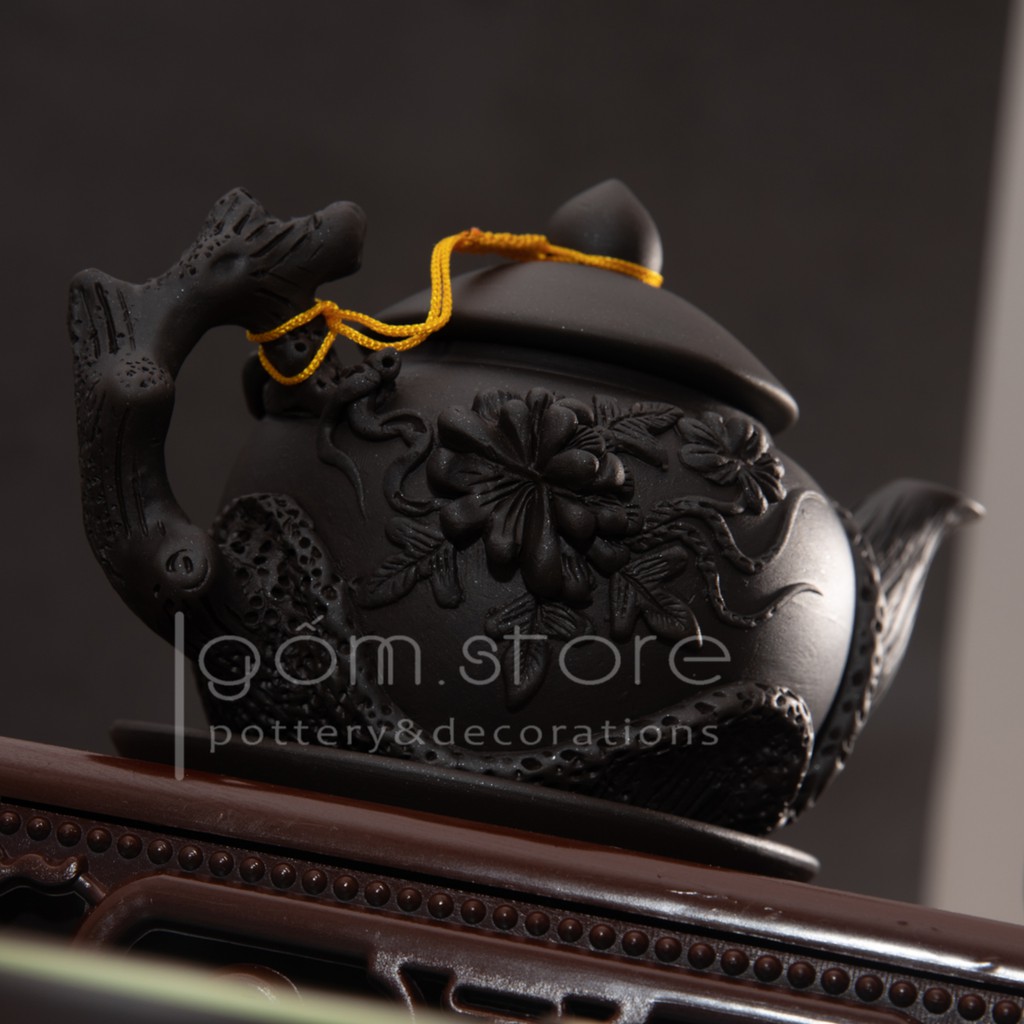 Ấm trà tử sa Bát Tràng đắp nổi hoa phù dung (Bộ trên không kèm khay ấm chén) | BigBuy360 - bigbuy360.vn