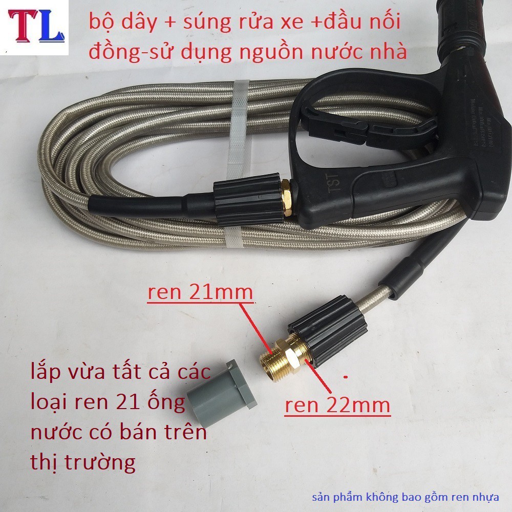 Bộ vòi xịt nước tưới cây, rửa xe áp lực cao (súng đen 22mm +dây xịt rửa + khớp nối 21mm lắp vòi nước nhà)