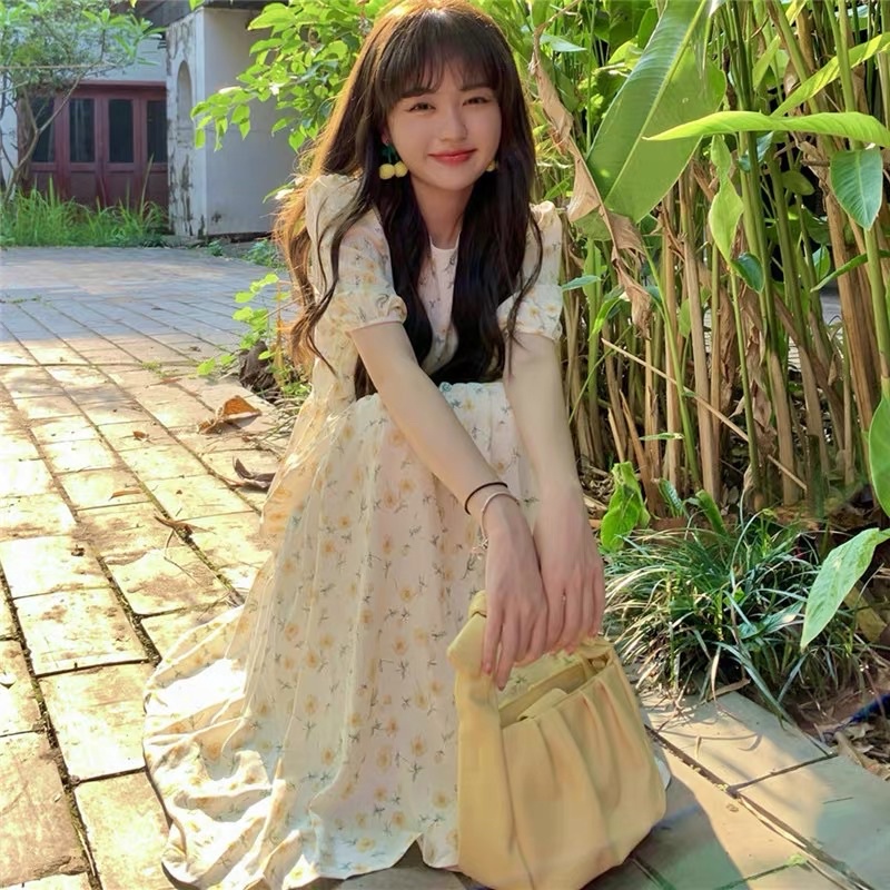 Váy Babydoll Hoa Nhí Vintage 2 Lớp Dáng Dài