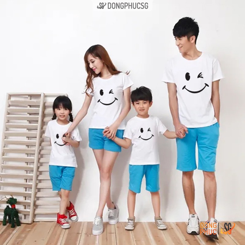 Áo gia đình mặt cười Đồng phục gia đình 3/4/5 người Áo đôi mẹ và bé Thun cotton Màu trắng GD314T