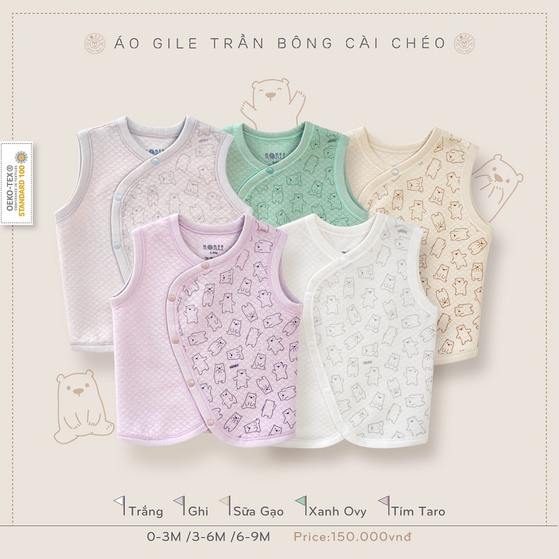 Áo Gile trần bông cài chéo Hnee chất liệu ấm áp cho bé 0-9M