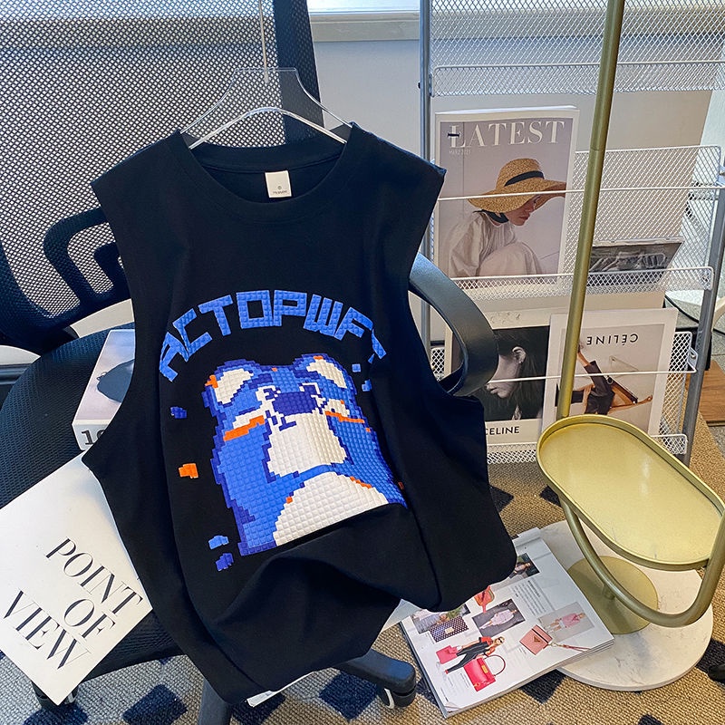 Áo không tay nữ Cổ Tròn Họa Tiết Hoạt Hình Phong Cách Hàn Quốc Thời Trang Mùa Hè